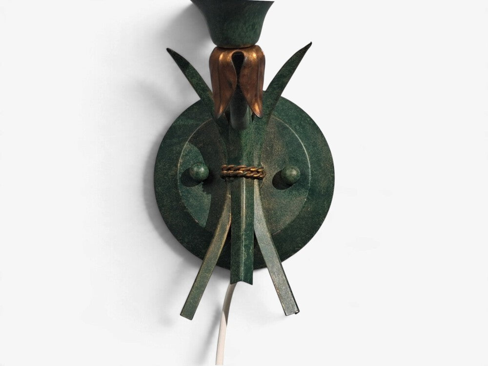Italian Modern, Floral Wall Sconces, Green Metal, Bronze, Glass, Italy, 1960s