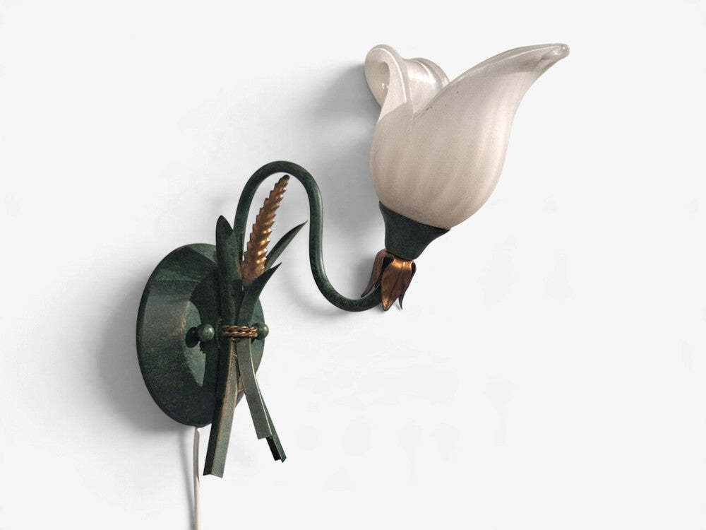 Italian Modern, Floral Wall Sconces, Green Metal, Bronze, Glass, Italy, 1960s