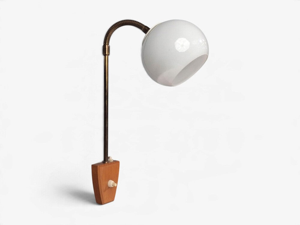 Swedish Modern, Clip-On Task Light, Brass, Wood, Glass, Sweden, 1950s