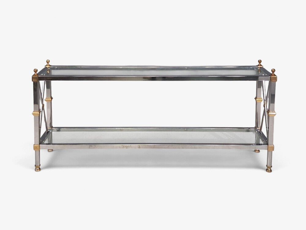 Maison Jansen Style, Neoclassical Console Table, Chrome, Brass, France, 1970s