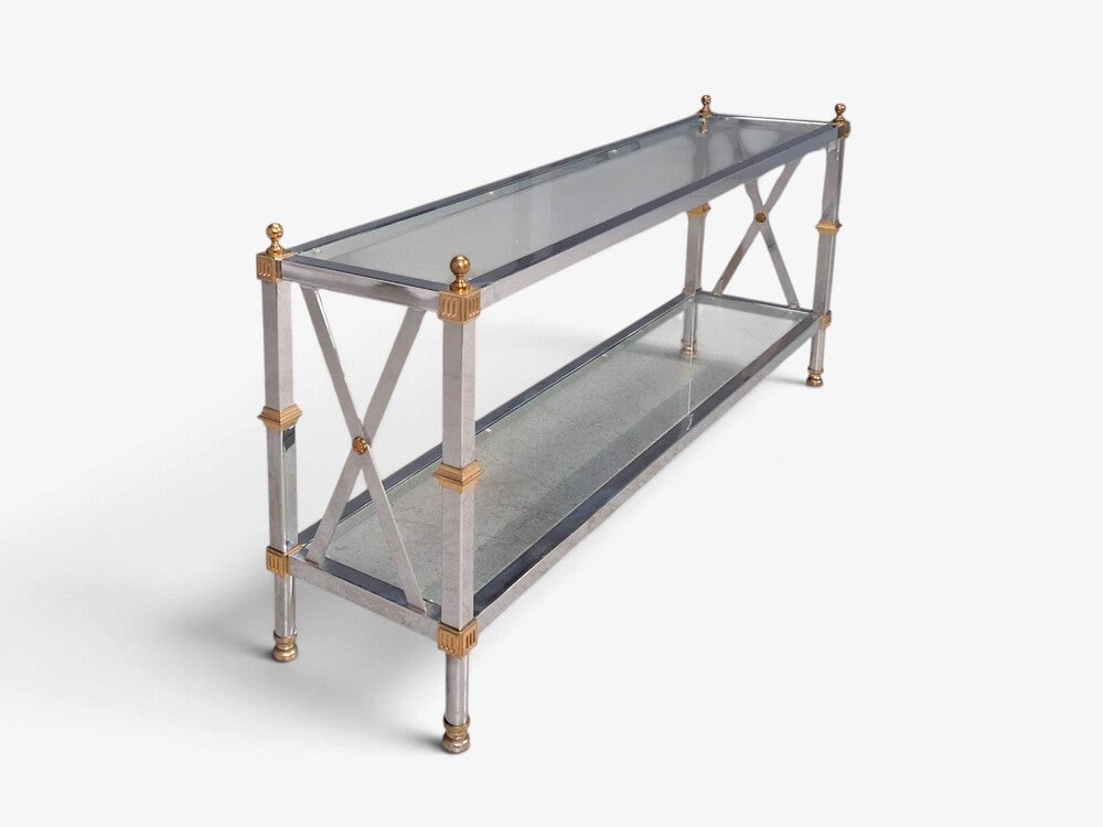 Maison Jansen Style, Neoclassical Console Table, Chrome, Brass, France, 1970s