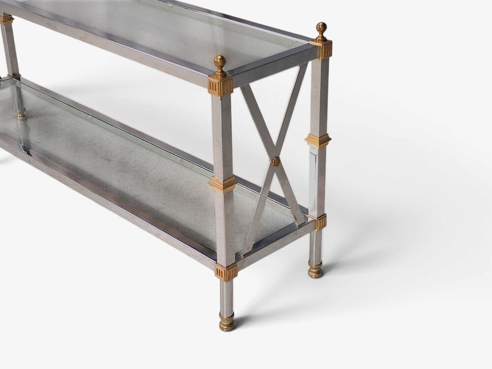 Maison Jansen Style, Neoclassical Console Table, Chrome, Brass, France, 1970s
