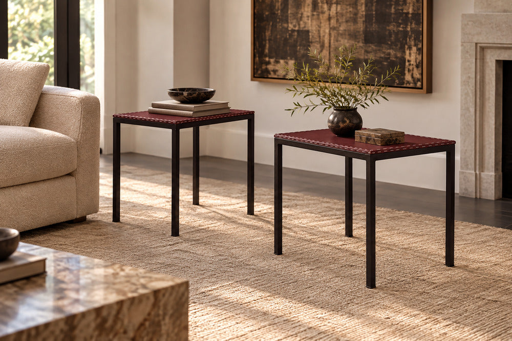Jean-Michel Frank Style, Modern, End Tables, Painted Iron, Red Leather, 21st c.
