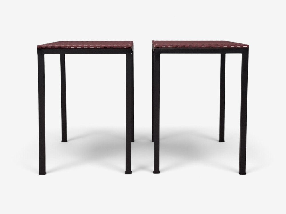 Jean-Michel Frank Style, Modern, End Tables, Painted Iron, Red Leather, 21st c.
