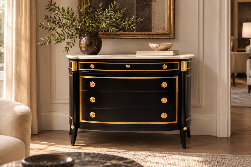 Maison Jansen Style, Louis XVI Bow Front Chest, Ebonized Wood, France, 1900s