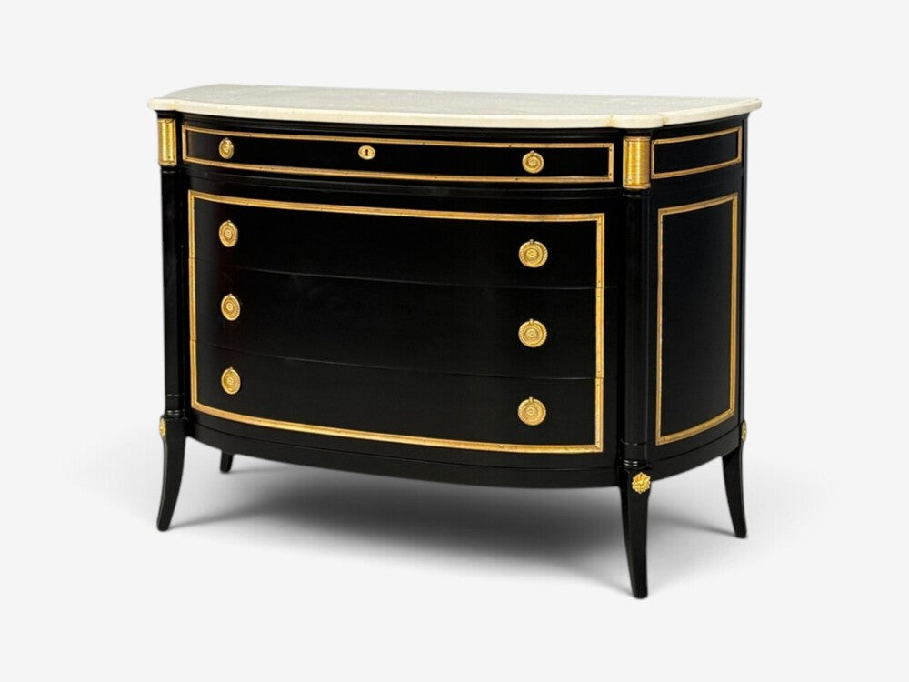 Maison Jansen Style, Louis XVI Bow Front Chest, Ebonized Wood, France, 1900s