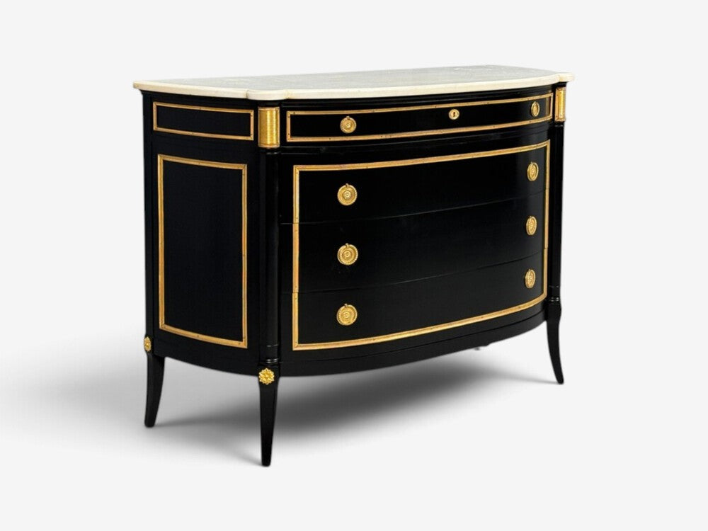 Maison Jansen Style, Louis XVI Bow Front Chest, Ebonized Wood, France, 1900s
