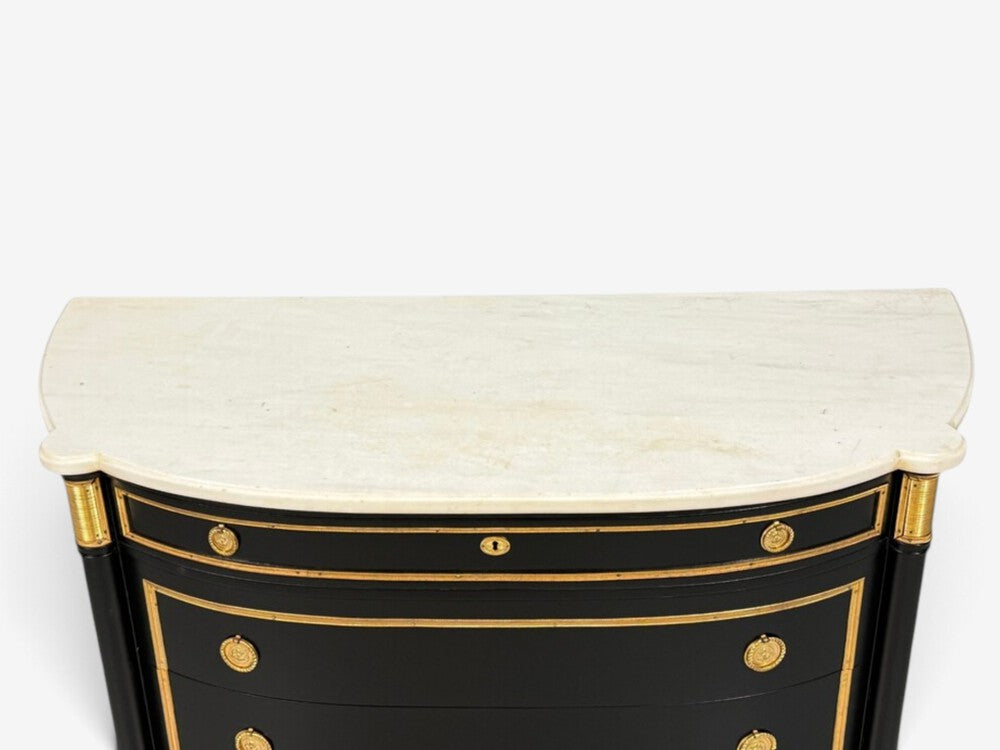 Maison Jansen Style, Louis XVI Bow Front Chest, Ebonized Wood, France, 1900s