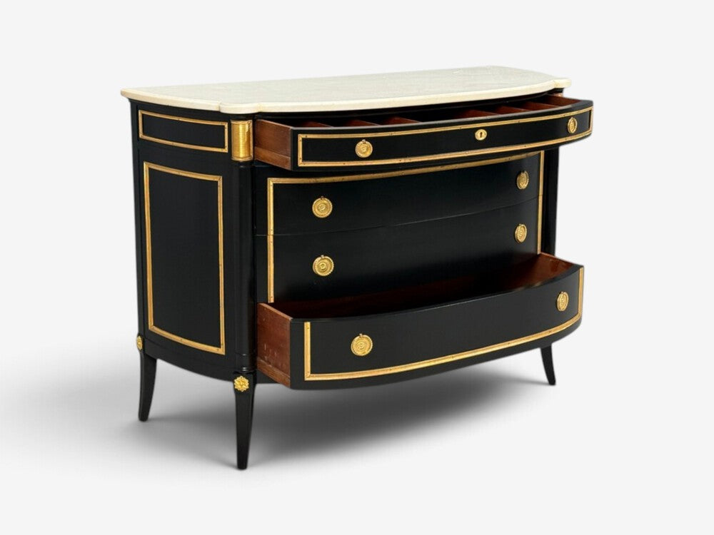 Maison Jansen Style, Louis XVI Bow Front Chest, Ebonized Wood, France, 1900s