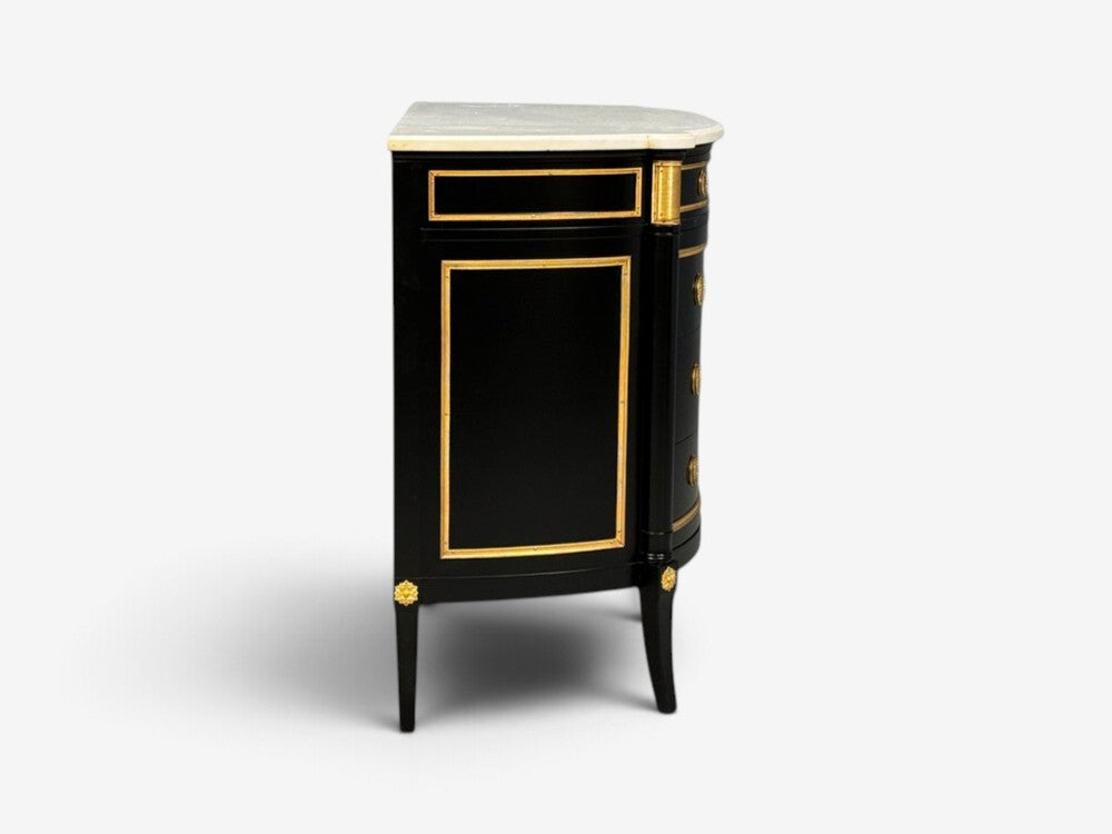 Maison Jansen Style, Louis XVI Bow Front Chest, Ebonized Wood, France, 1900s