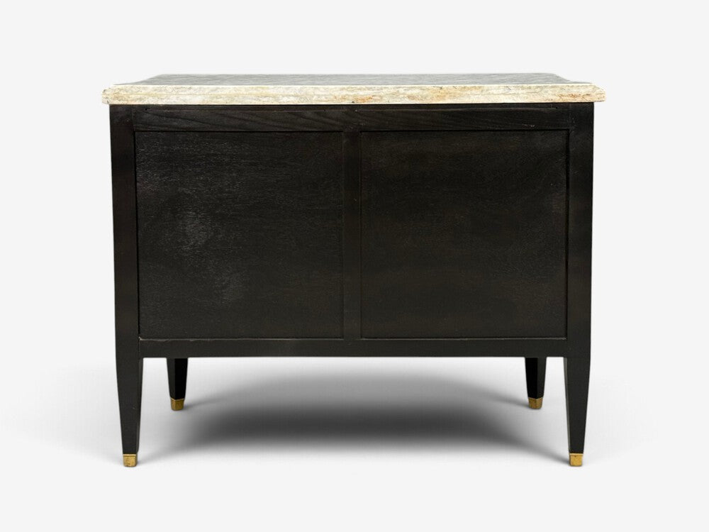 Louis XVI, Hollywood Regency, Commodes, Ebonized, Bronze, Marble, 20th c.