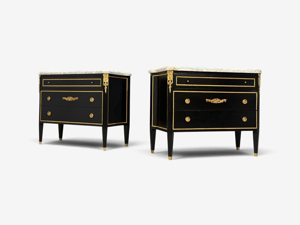 Louis XVI, Hollywood Regency, Commodes, Ebonized, Bronze, Marble, 20th c.