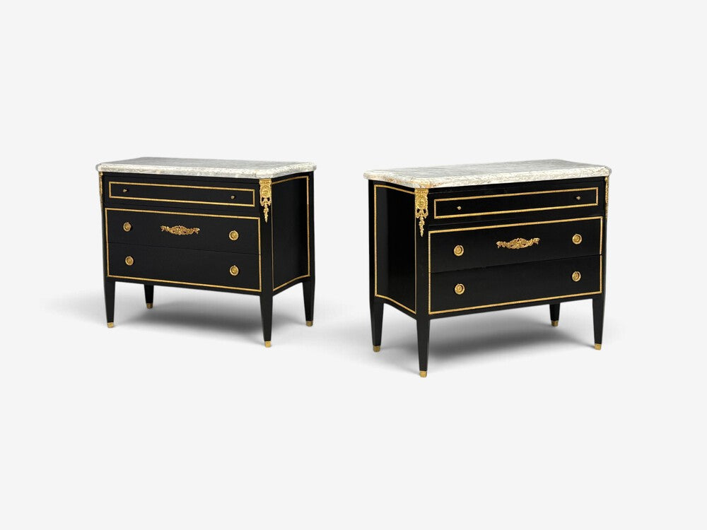 Louis XVI, Hollywood Regency, Commodes, Ebonized, Bronze, Marble, 20th c.