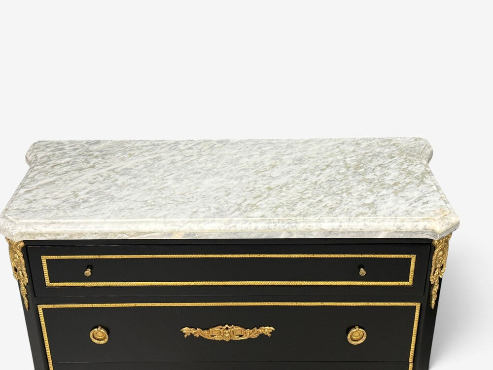 Louis XVI, Hollywood Regency, Commodes, Ebonized, Bronze, Marble, 20th c.