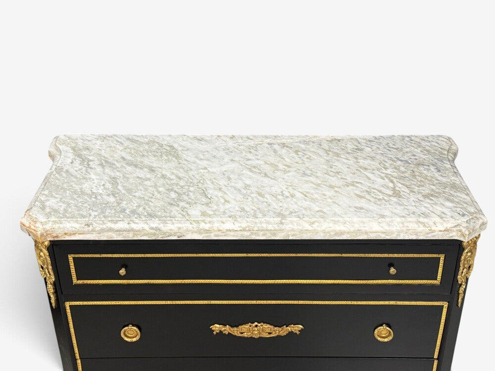 Louis XVI, Hollywood Regency, Commodes, Ebonized, Bronze, Marble, 20th c.