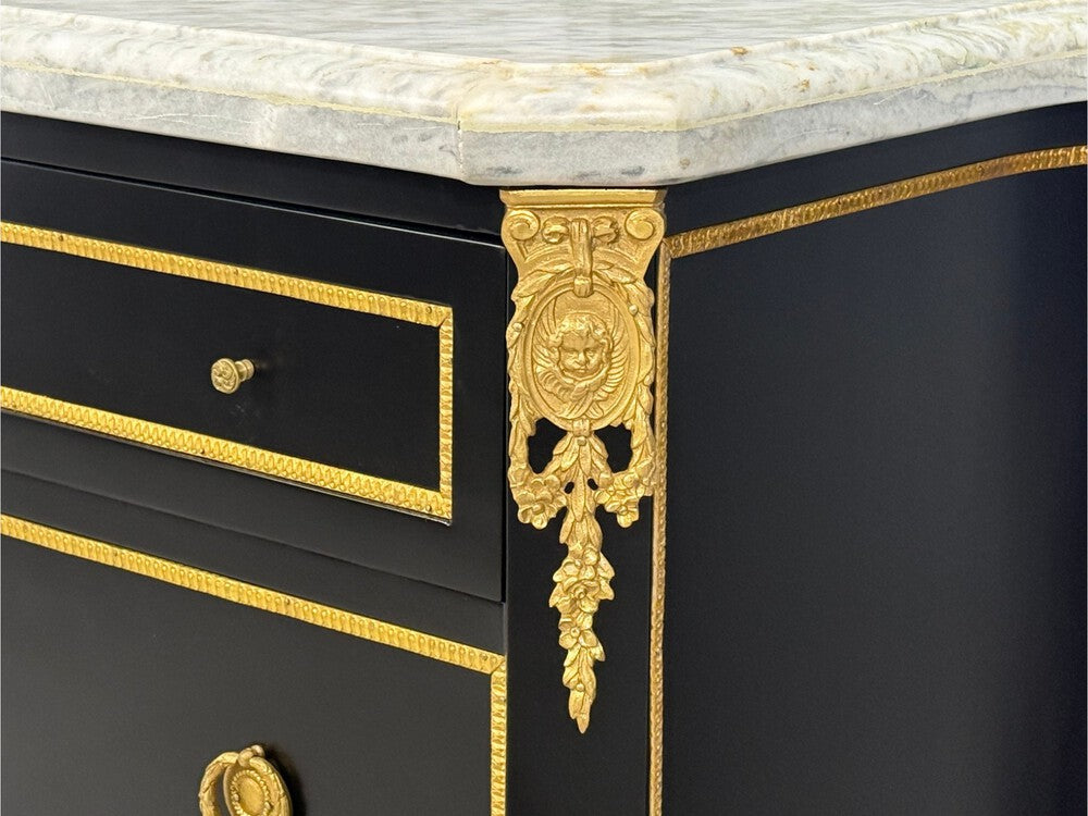 Louis XVI, Hollywood Regency, Commodes, Ebonized, Bronze, Marble, 20th c.