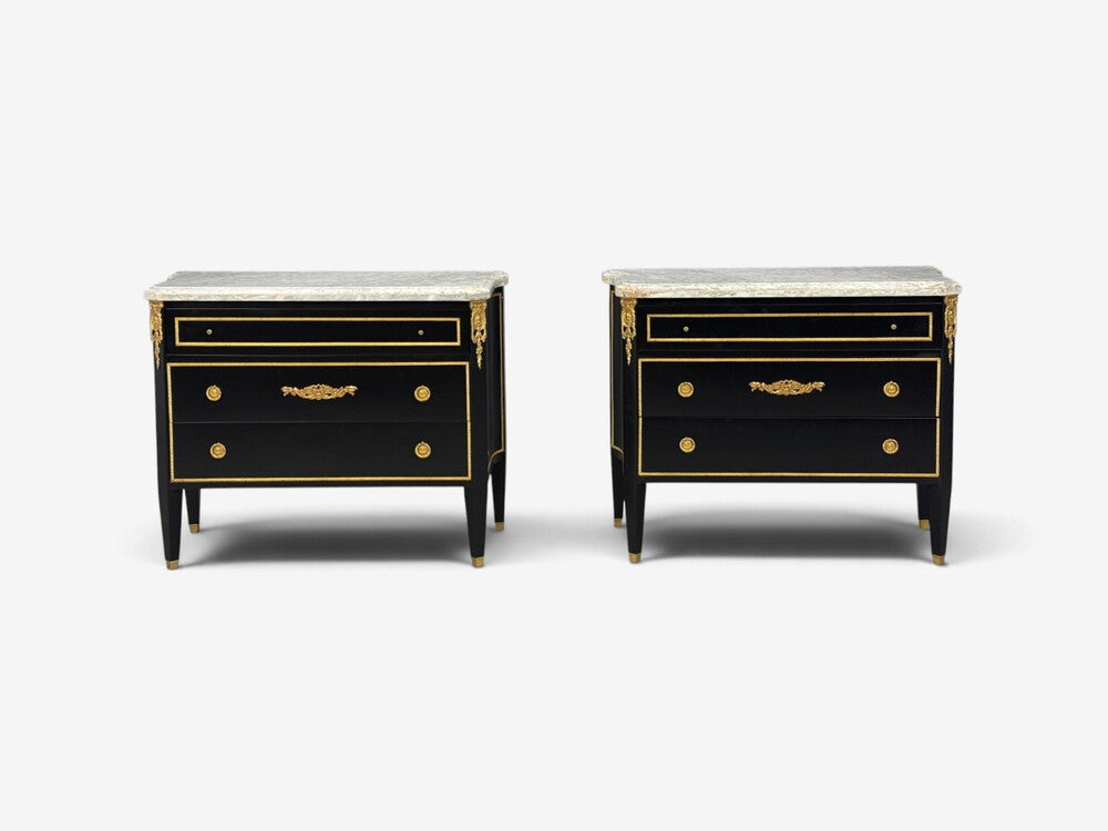Louis XVI, Hollywood Regency, Commodes, Ebonized, Bronze, Marble, 20th c.