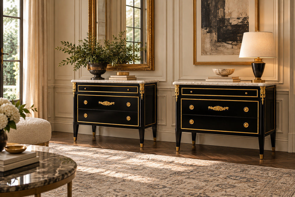 Louis XVI, Hollywood Regency, Commodes, Ebonized, Bronze, Marble, 20th c.
