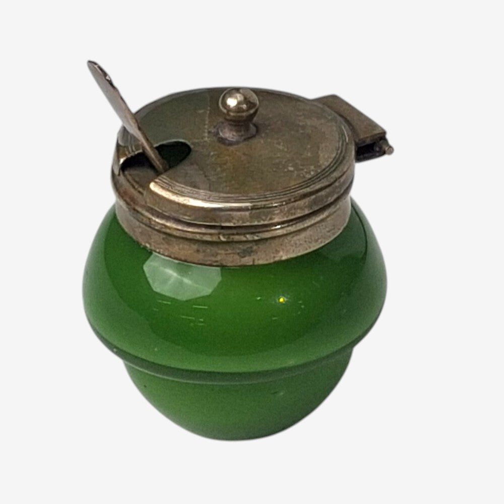 Art Deco, Snuff or Cocaine Lidded Pot, Green Art Glass, Sterling Silver, 1930s
