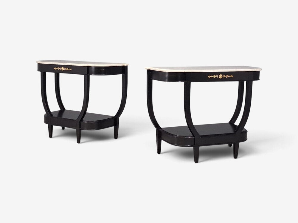 Louis XVI Style, Console Tables, Ebonized Wood, Bronze, Marble, France, 20th c.