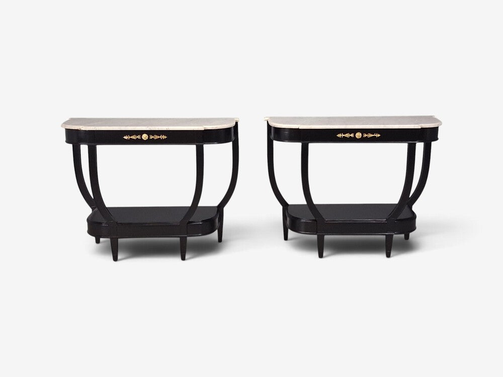 Louis XVI Style, Console Tables, Ebonized Wood, Bronze, Marble, France, 20th c.