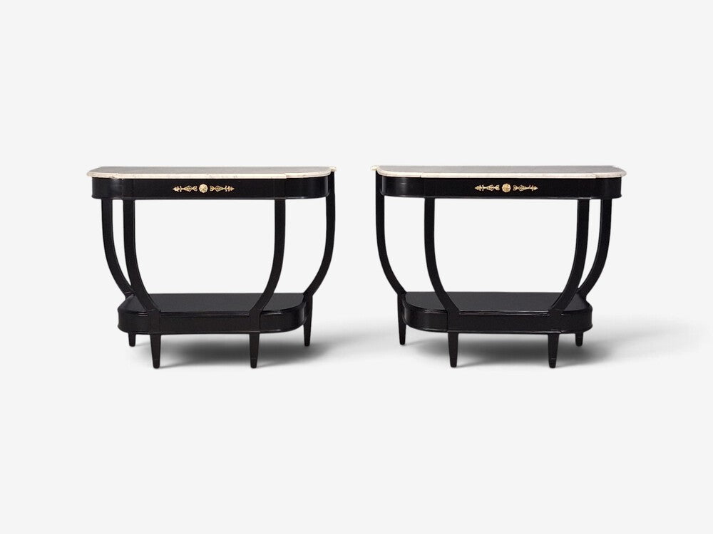 Louis XVI Style, Console Tables, Ebonized Wood, Bronze, Marble, France, 20th c.