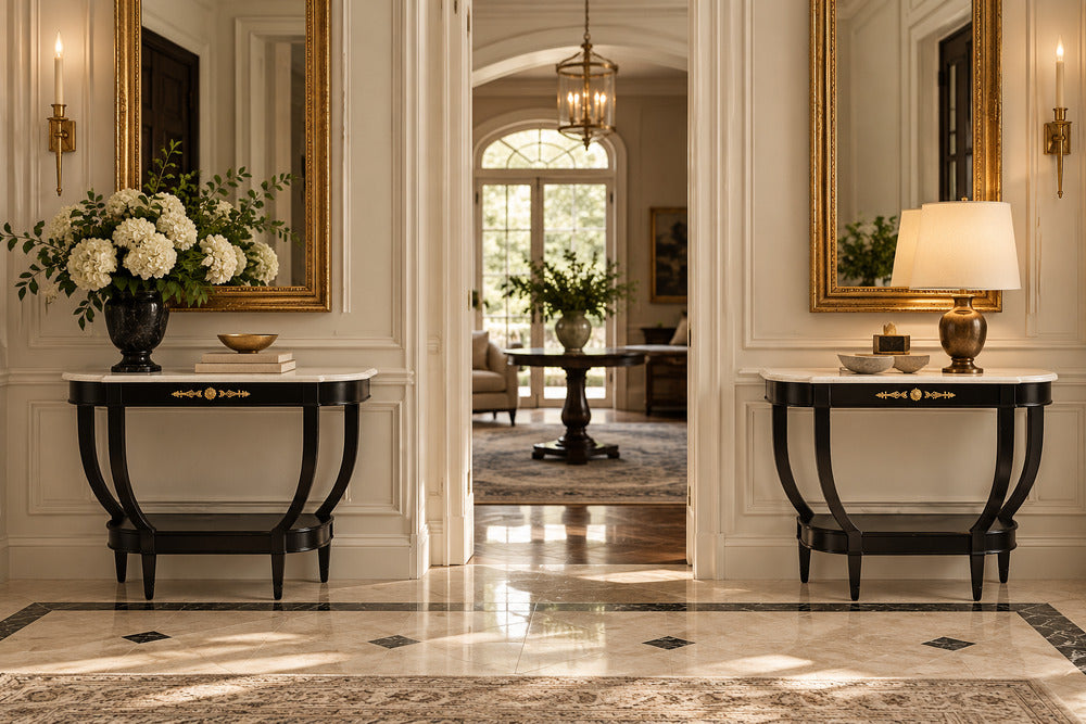 Louis XVI Style, Console Tables, Ebonized Wood, Bronze, Marble, France, 20th c.