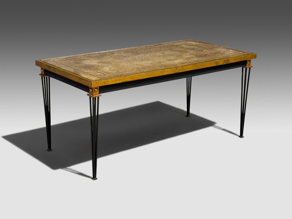 Jacques Quinet Style, Coffee Table, Gold Églomisé Glass, Iron, France, 1960s