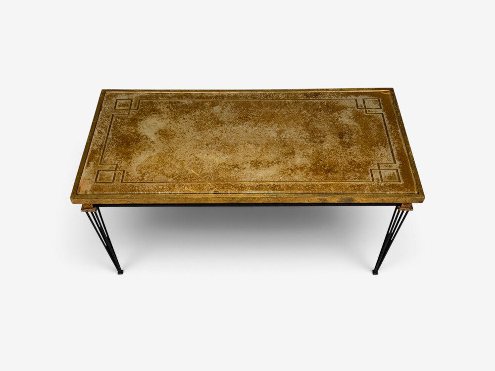 Jacques Quinet Style, Coffee Table, Gold Églomisé Glass, Iron, France, 1960s