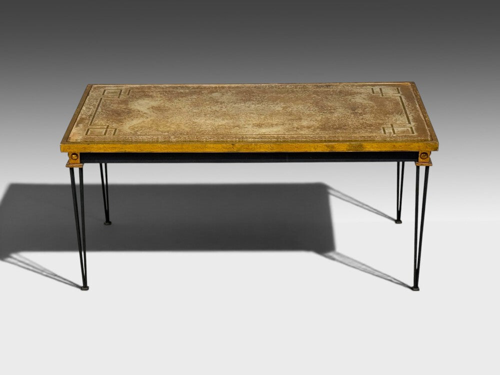 Jacques Quinet Style, Coffee Table, Gold Églomisé Glass, Iron, France, 1960s
