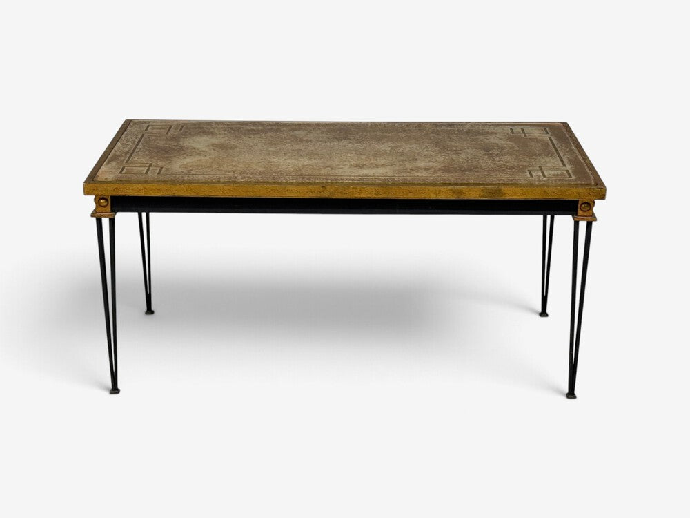 Jacques Quinet Style, Coffee Table, Gold Églomisé Glass, Iron, France, 1960s