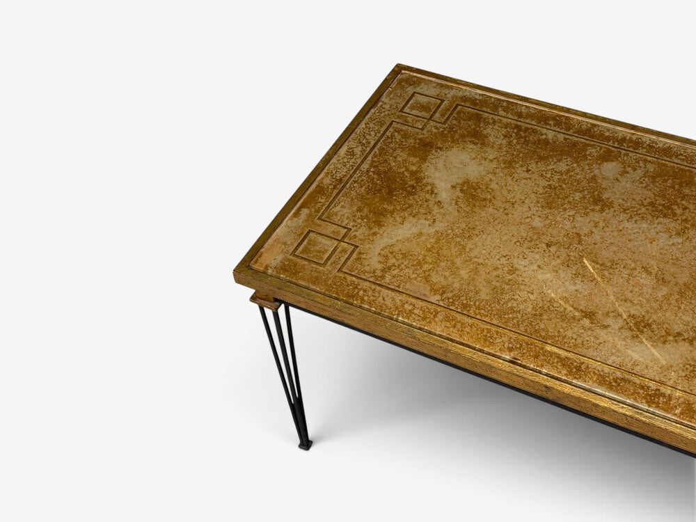 Jacques Quinet Style, Coffee Table, Gold Églomisé Glass, Iron, France, 1960s