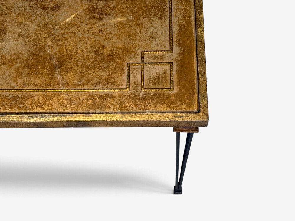 Jacques Quinet Style, Coffee Table, Gold Églomisé Glass, Iron, France, 1960s