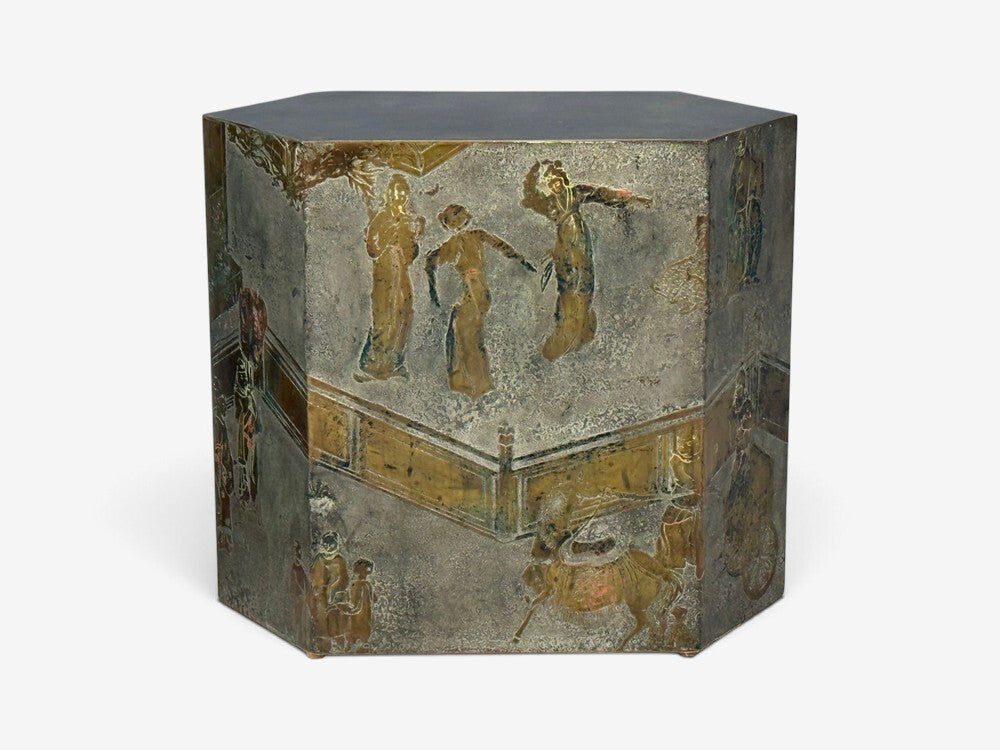 Philip & Kelvin LaVerne, Rare Hexagonal Side Tables, Etched Brass, USA, 1960s