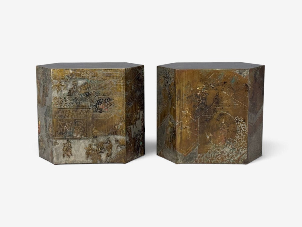 Philip & Kelvin LaVerne, Rare Hexagonal Side Tables, Etched Brass, USA, 1960s