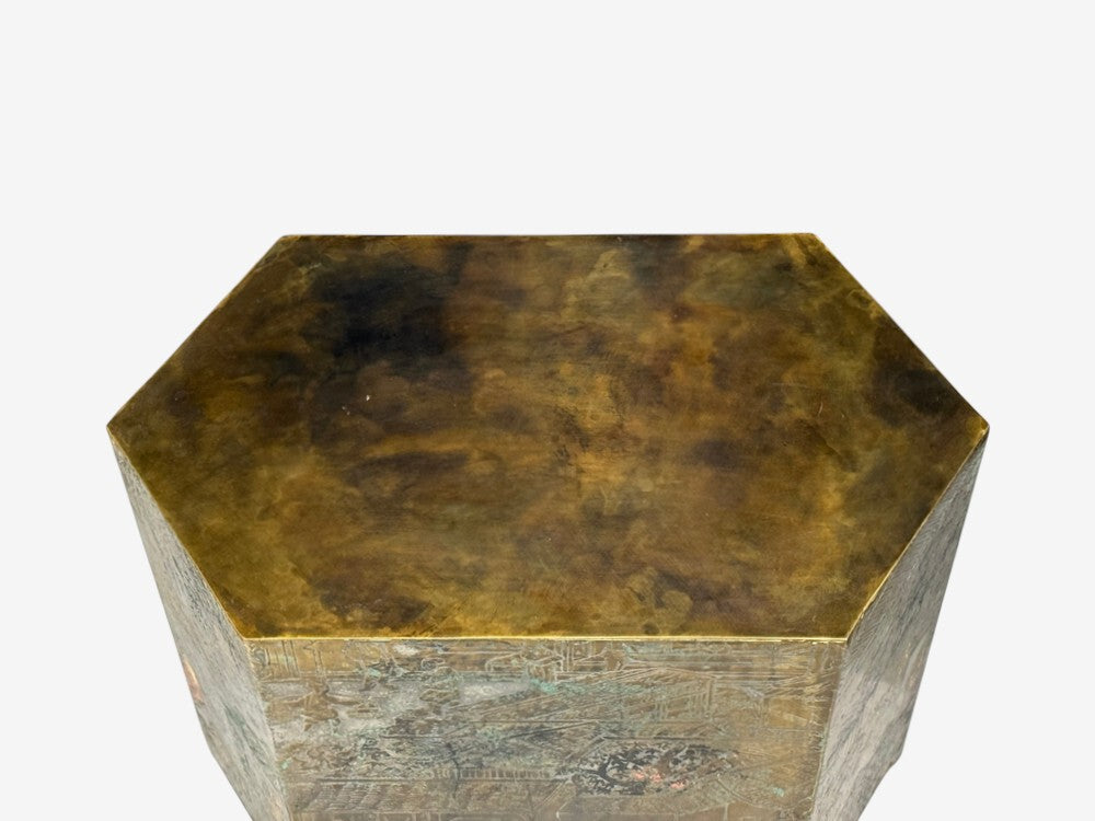 Philip & Kelvin LaVerne, Rare Hexagonal Side Tables, Etched Brass, USA, 1960s