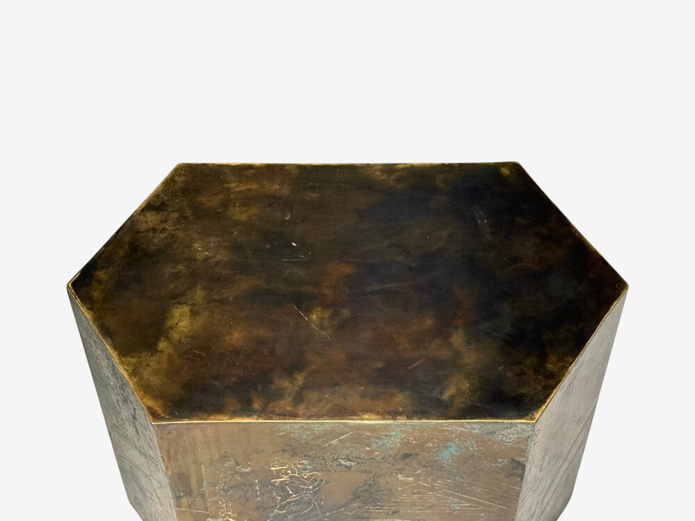 Philip & Kelvin LaVerne, Rare Hexagonal Side Tables, Etched Brass, USA, 1960s