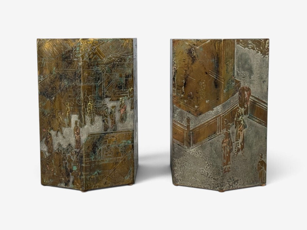 Philip & Kelvin LaVerne, Rare Hexagonal Side Tables, Etched Brass, USA, 1960s