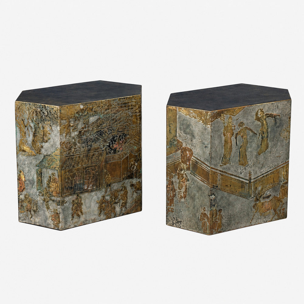 Philip & Kelvin LaVerne, Rare Hexagonal Side Tables, Etched Brass, USA, 1960s