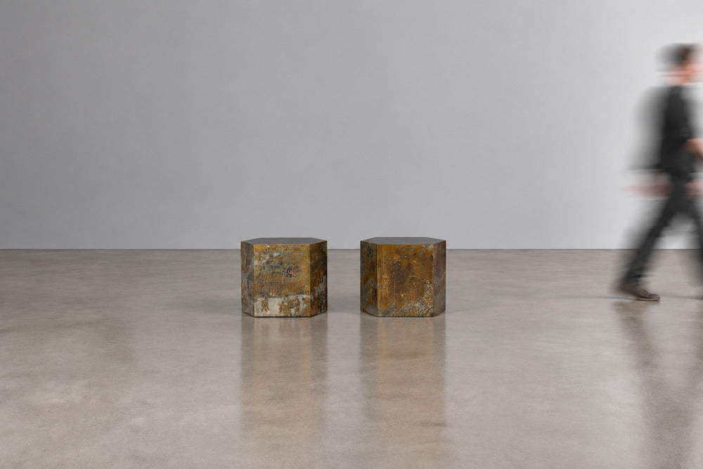 Philip & Kelvin LaVerne, Rare Hexagonal Side Tables, Etched Brass, USA, 1960s