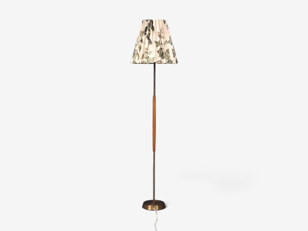 Swedish Modern, Floor Lamp, Teak, Brass, Pleated Floral Fabric, Sweden, 1950s