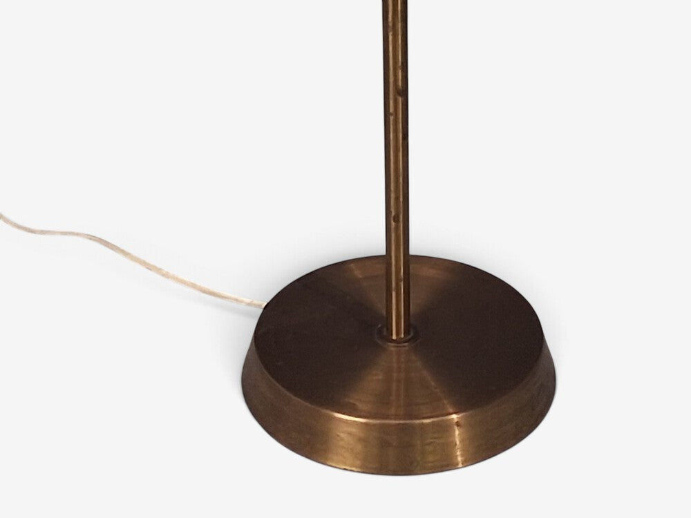 Swedish Modern, Floor Lamp, Teak, Brass, Pleated Floral Fabric, Sweden, 1950s