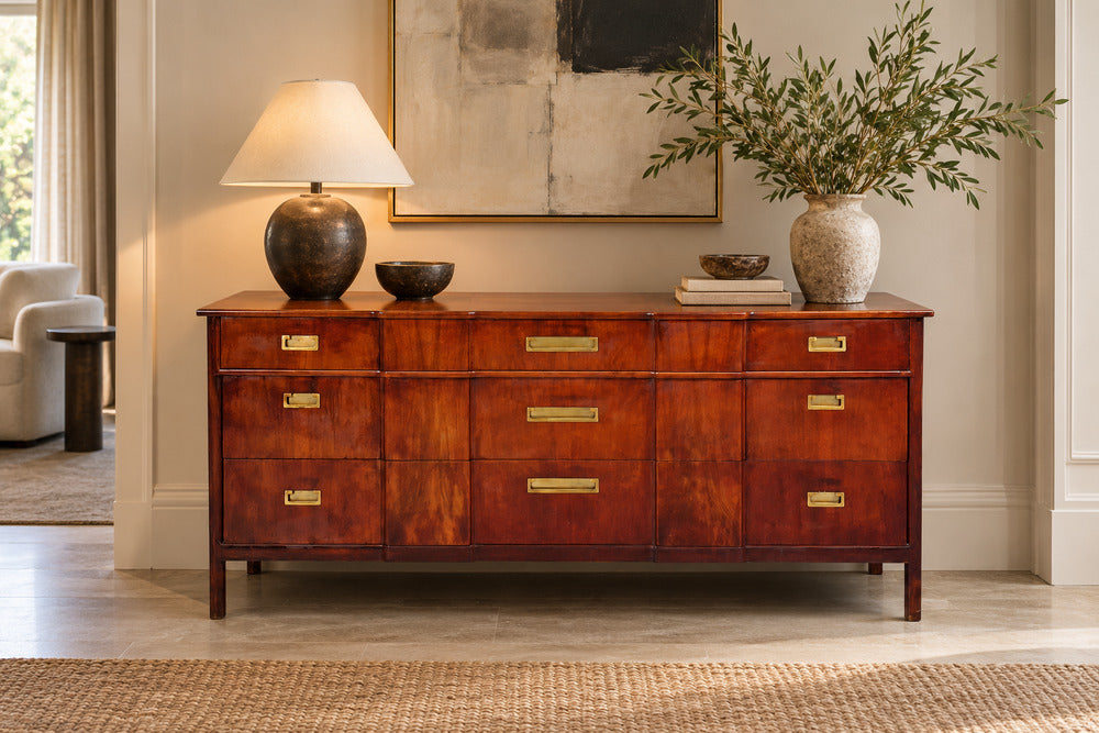 John Widdicomb, American Modern, Nine-Drawer Dresser, Walnut, Brass, USA, 1960s