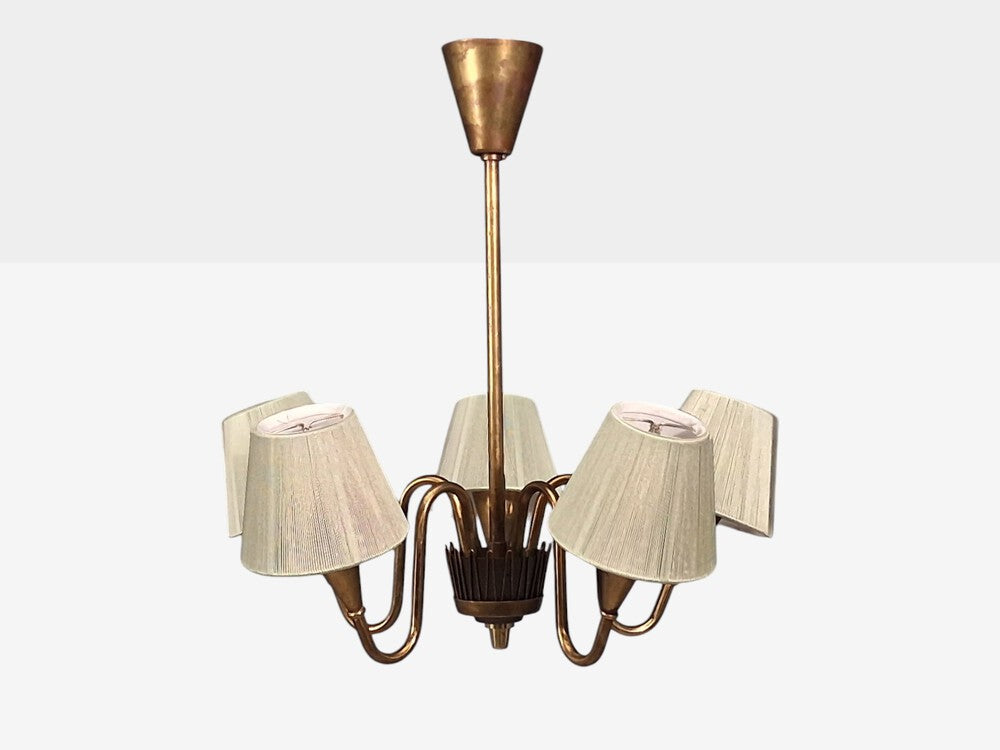 Swedish Modern, Five Arm Chandelier, Patinated Brass, Sweden, 1950s