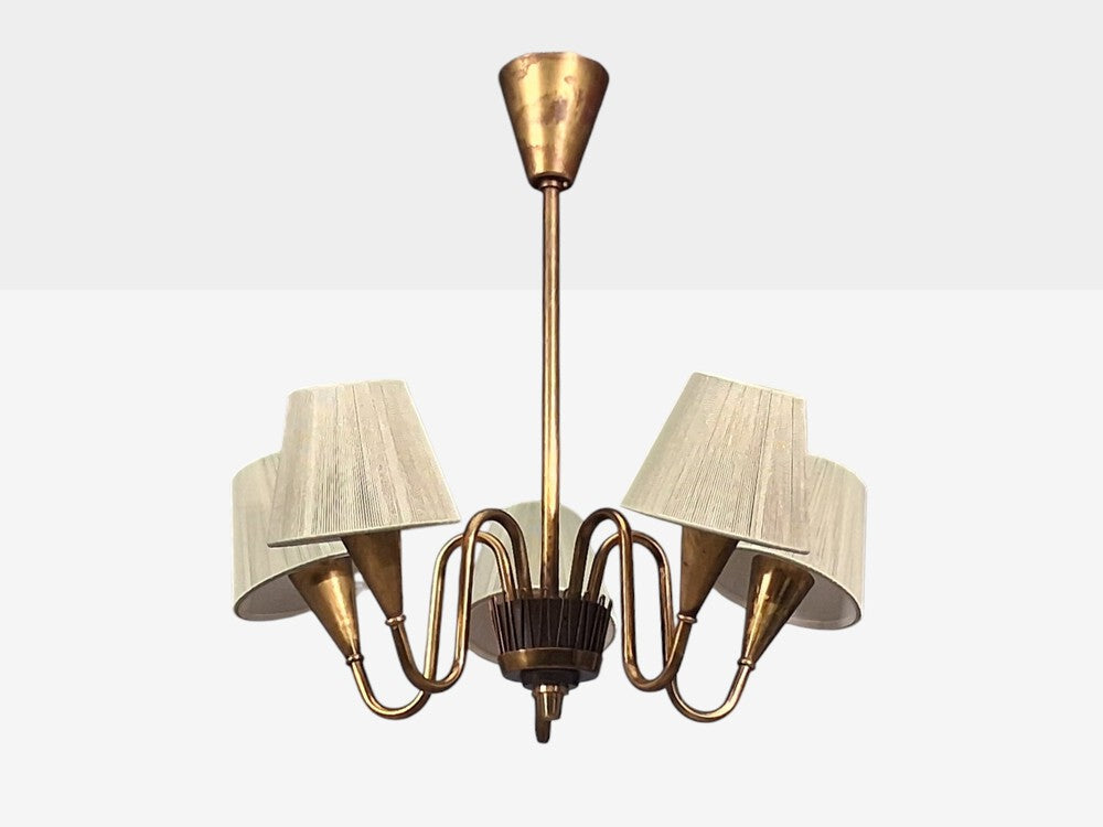 Swedish Modern, Five Arm Chandelier, Patinated Brass, Sweden, 1950s