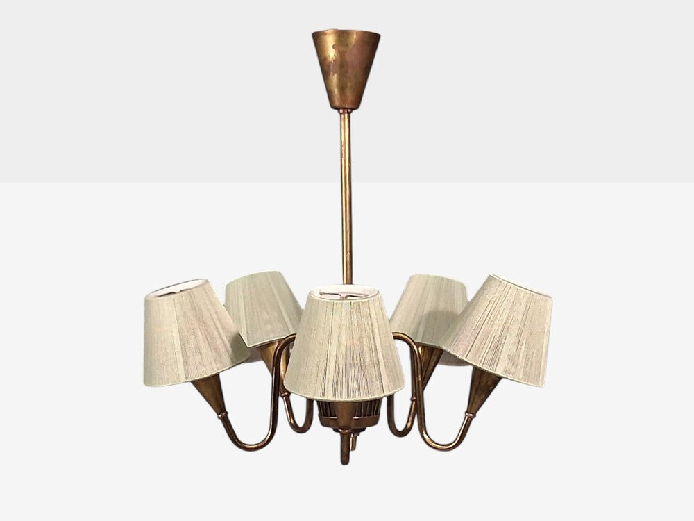 Swedish Modern, Five Arm Chandelier, Patinated Brass, Sweden, 1950s