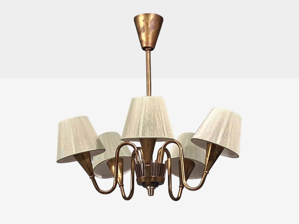 Swedish Modern, Five Arm Chandelier, Patinated Brass, Sweden, 1950s
