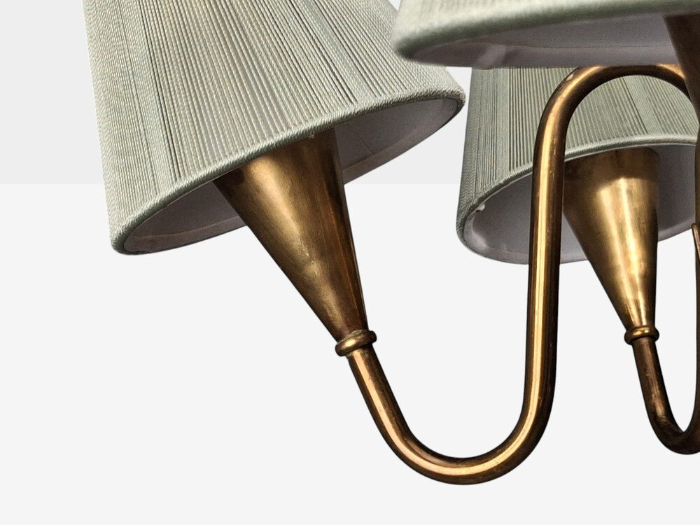 Swedish Modern, Five Arm Chandelier, Patinated Brass, Sweden, 1950s