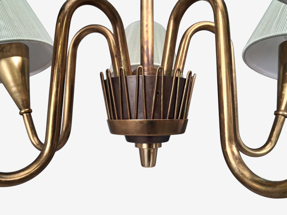 Swedish Modern, Five Arm Chandelier, Patinated Brass, Sweden, 1950s
