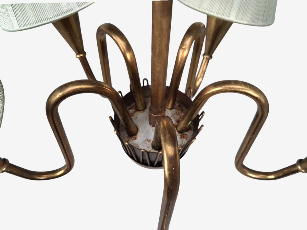Swedish Modern, Five Arm Chandelier, Patinated Brass, Sweden, 1950s